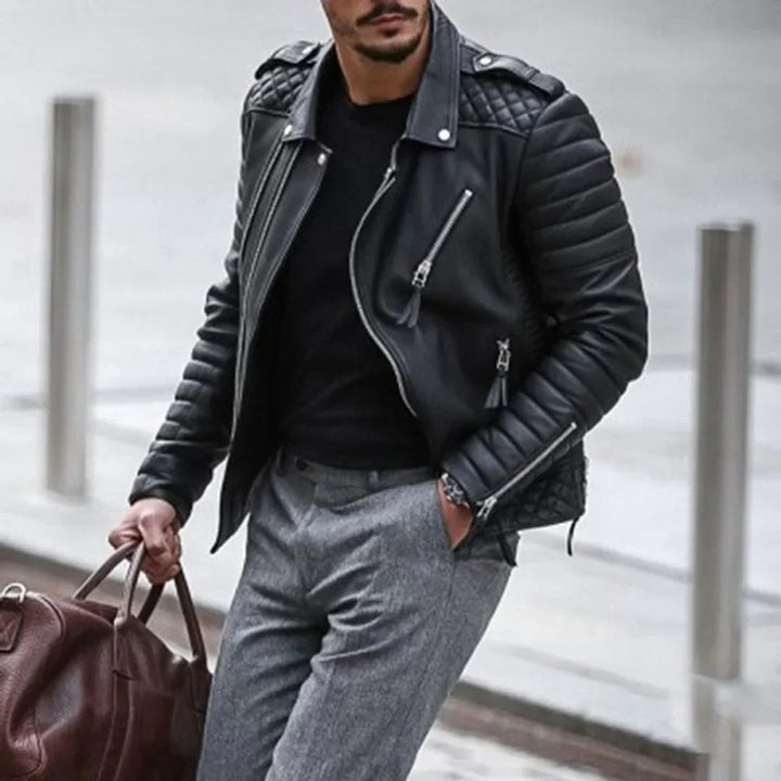 Alfie | Men's Faux Leather Biker Jacket Quilted Shoulder Zip-Up