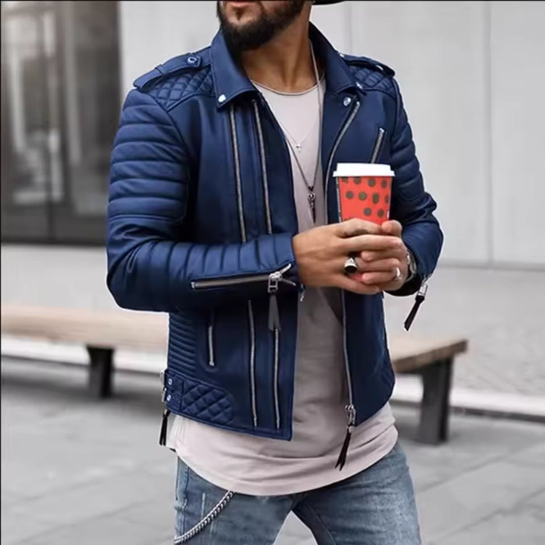 Alfie | Men's Faux Leather Biker Jacket Quilted Shoulder Zip-Up