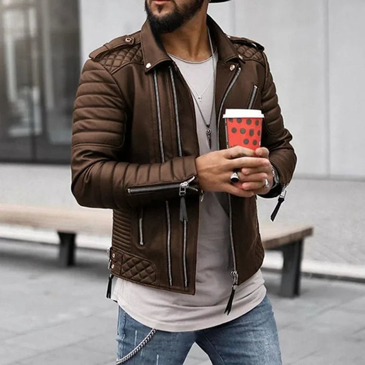 Alfie | Men's Faux Leather Biker Jacket Quilted Shoulder Zip-Up