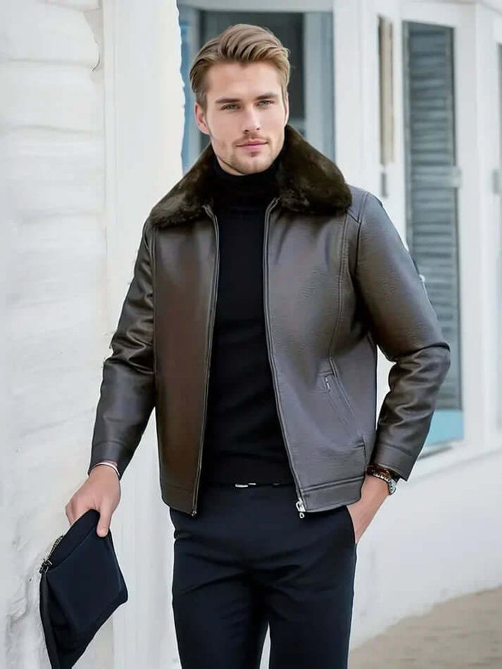 Oliver | Men's Fur-Collar Leather Bomber Jacket Autumn Coat