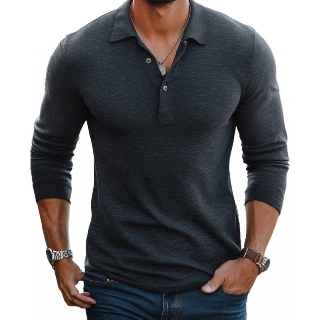 William | Men's Long Sleeve Knit Polo Shirt Slim Fit Button Placket