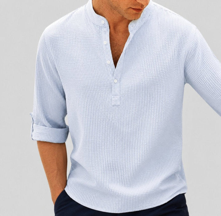 Freddie | Men's Waffle-Knit Henley Shirt Band Collar Long Sleeve