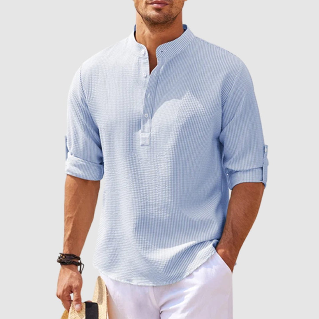 Charlie | Men's Waffle-Knit Henley Shirt Long Sleeve Stand Collar