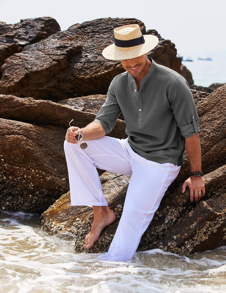 Charlie | Men's Waffle-Knit Henley Shirt Long Sleeve Stand Collar