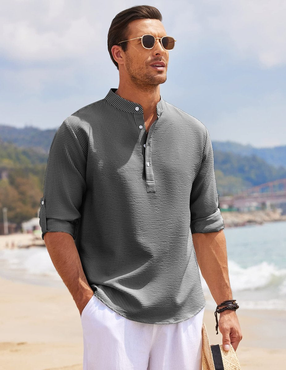 Charlie | Men's Waffle-Knit Henley Shirt Long Sleeve Stand Collar