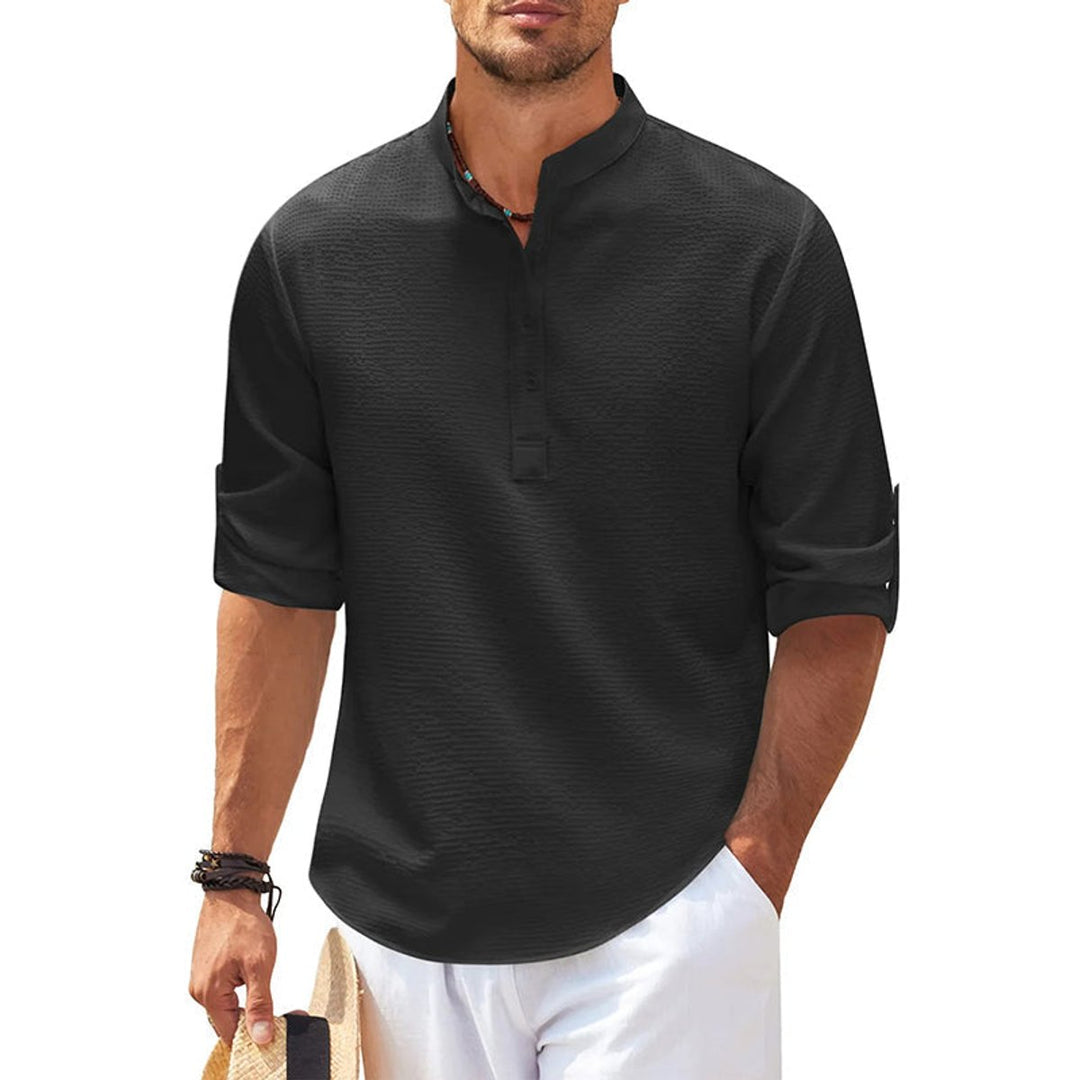 Charlie | Men's Waffle-Knit Henley Shirt Long Sleeve Stand Collar