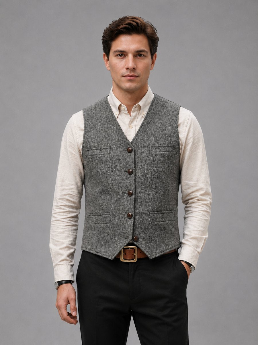 Jack | Men's Herringbone Tweed Tailored Button-Front Waistcoat