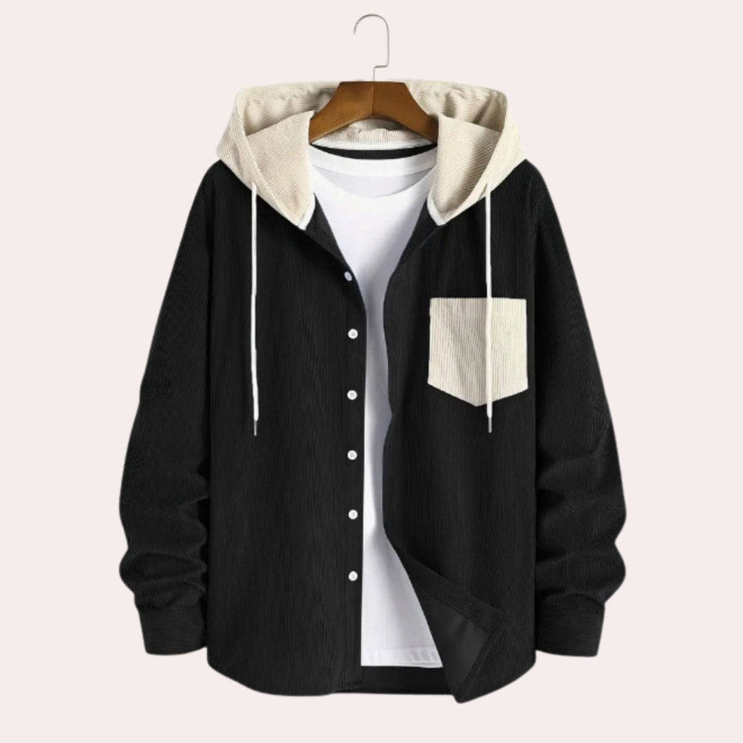 Archie | Men's Hooded Corduroy Overshirt Button-Through Contrast Hood