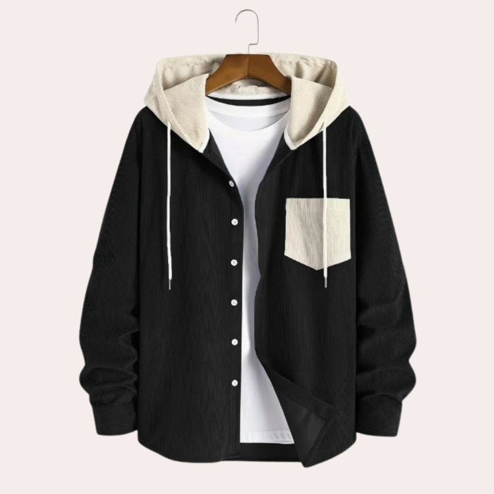 Archie | Men's Hooded Corduroy Overshirt Button-Through Contrast Hood