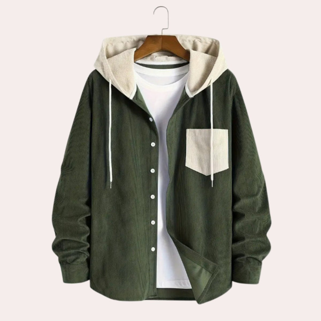 Archie | Men's Hooded Corduroy Overshirt Button-Through Contrast Hood