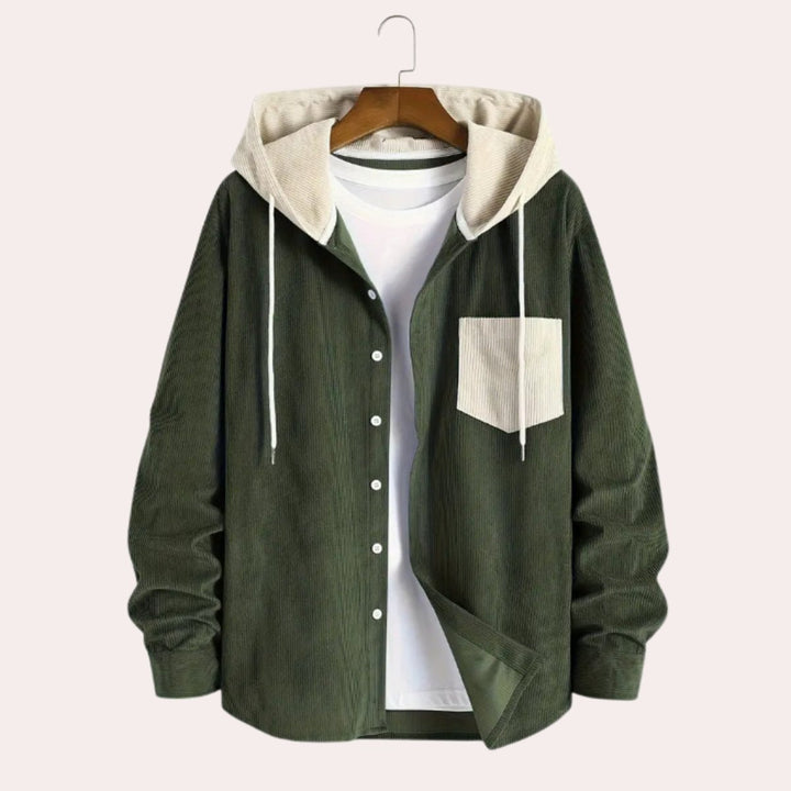 Archie | Men's Hooded Corduroy Overshirt Button-Through Contrast Hood