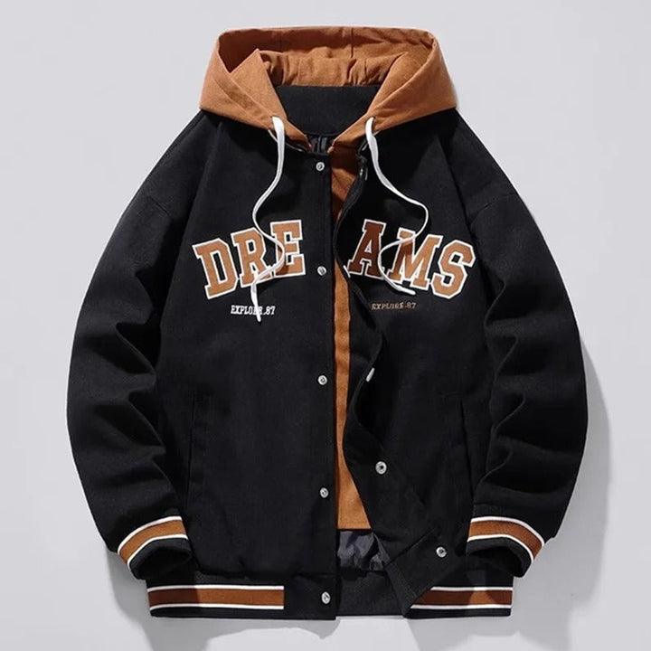 Muhammad | Men's Hooded Varsity Bomber Jacket Snap-Button Relaxed Fit