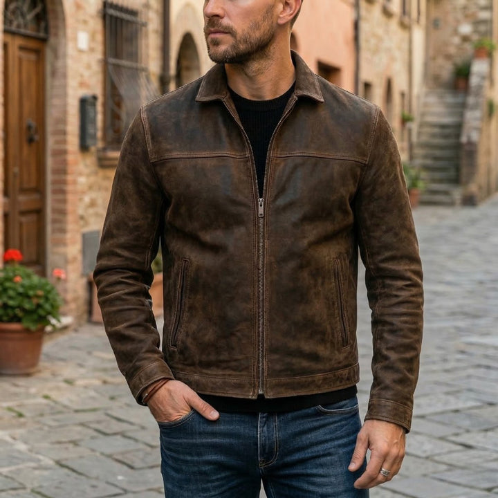 Alfie | Mens Jacket Fitted Distressed Leather Full-Zip Bomber