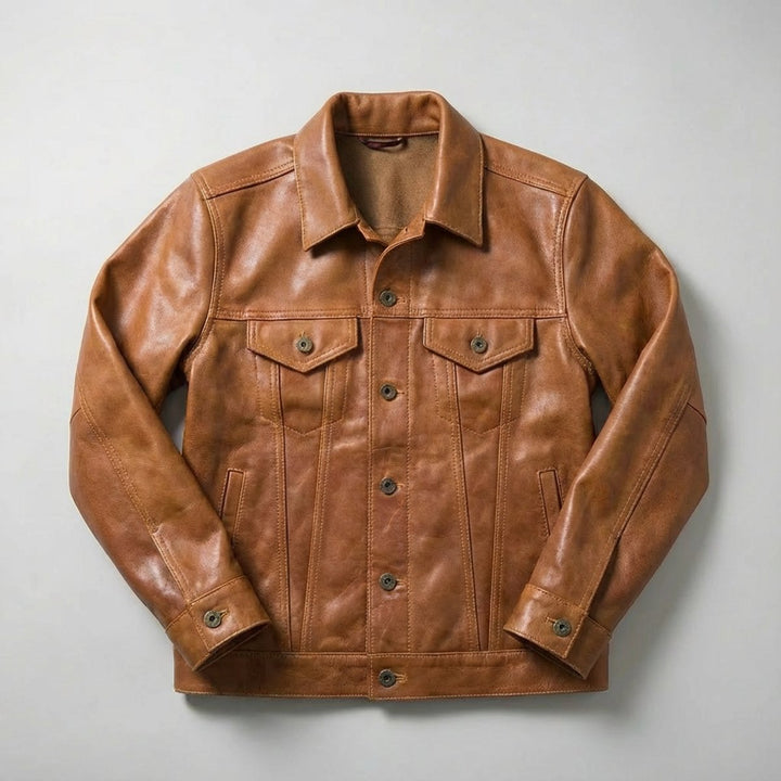 Archie | Men's Leather Trucker Jacket Full-Grain Button-Front