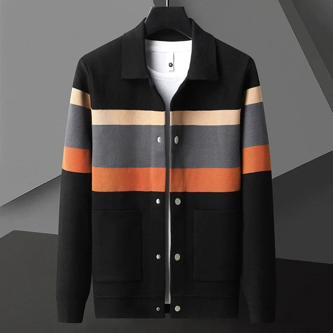 Theo | Mens Jacket Striped Button-Front Relaxed Knit Cardigan Coat