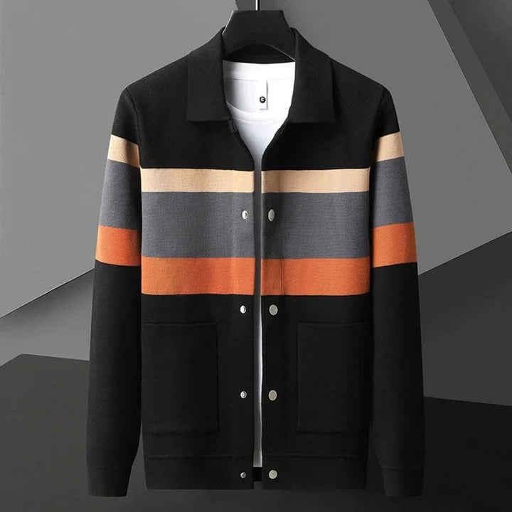 Theo | Mens Jacket Striped Button-Front Relaxed Knit Cardigan Coat