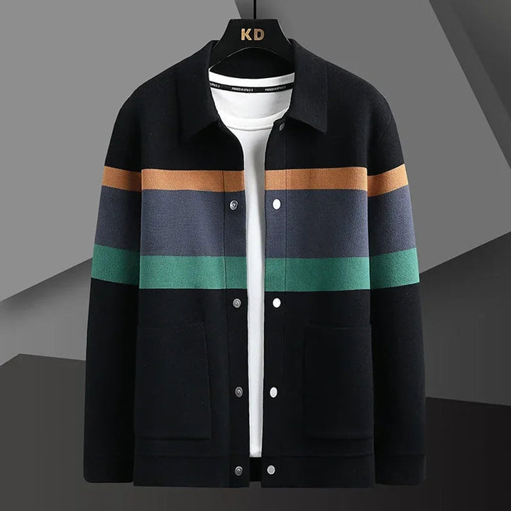 Theo | Mens Jacket Striped Button-Front Relaxed Knit Cardigan Coat