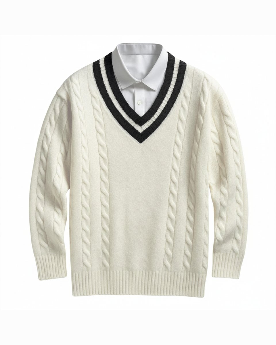 Muhammad | Mens Jumper Cable-Knit V-Neck Collegiate Pullover