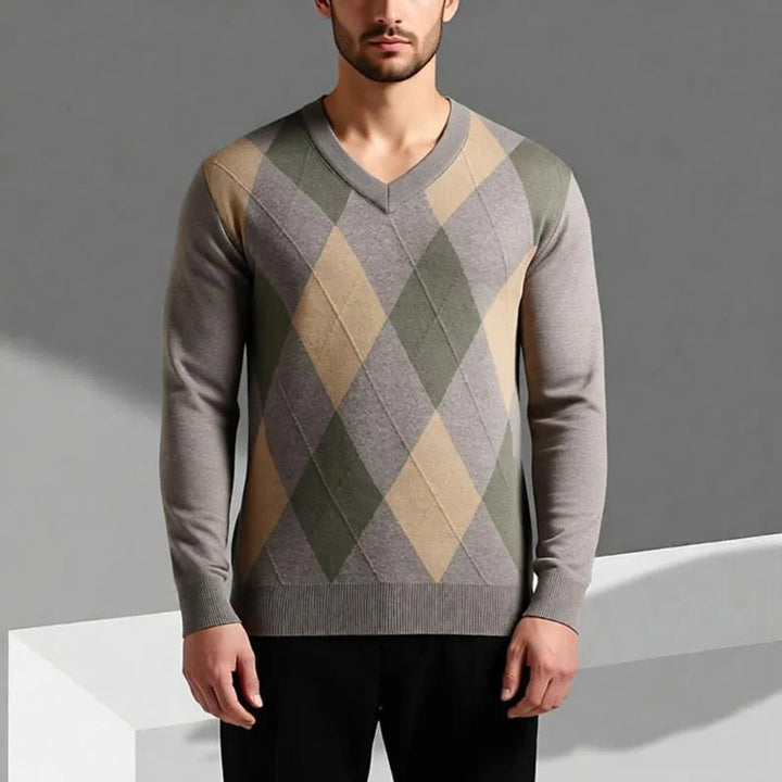 William | Men's Merino Wool Argyle V-Neck Jumper Slim Fit