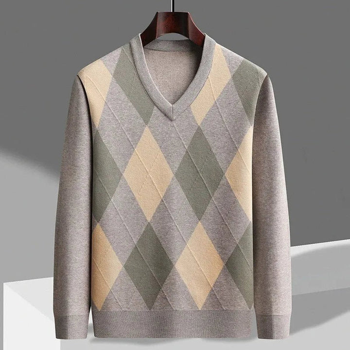 William | Men's Merino Wool Argyle V-Neck Jumper Slim Fit