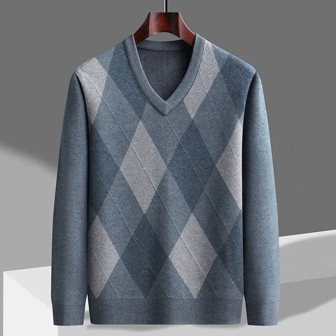 William | Men's Merino Wool Argyle V-Neck Jumper Slim Fit