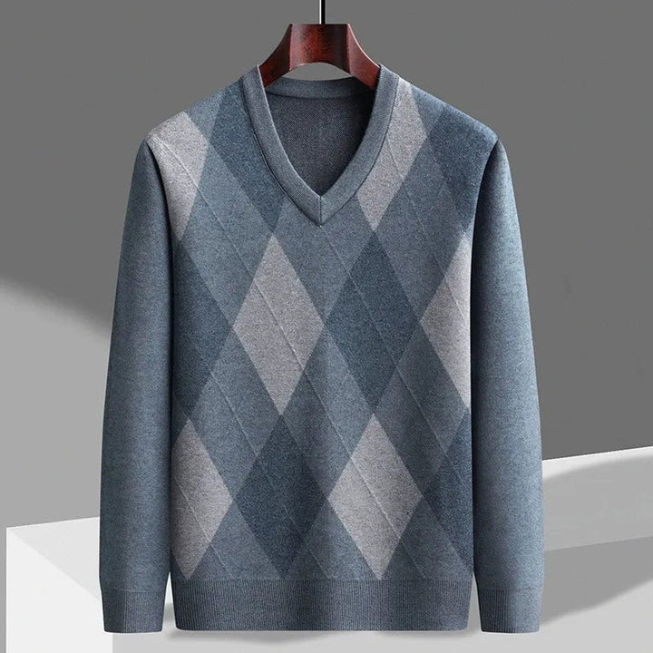 William | Men's Merino Wool Argyle V-Neck Jumper Slim Fit