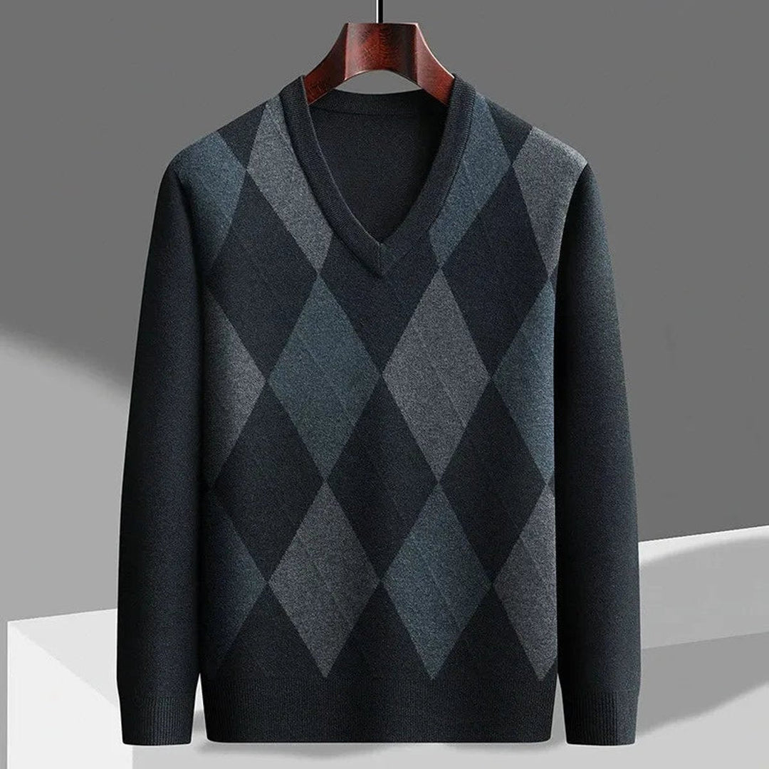 William | Men's Merino Wool Argyle V-Neck Jumper Slim Fit