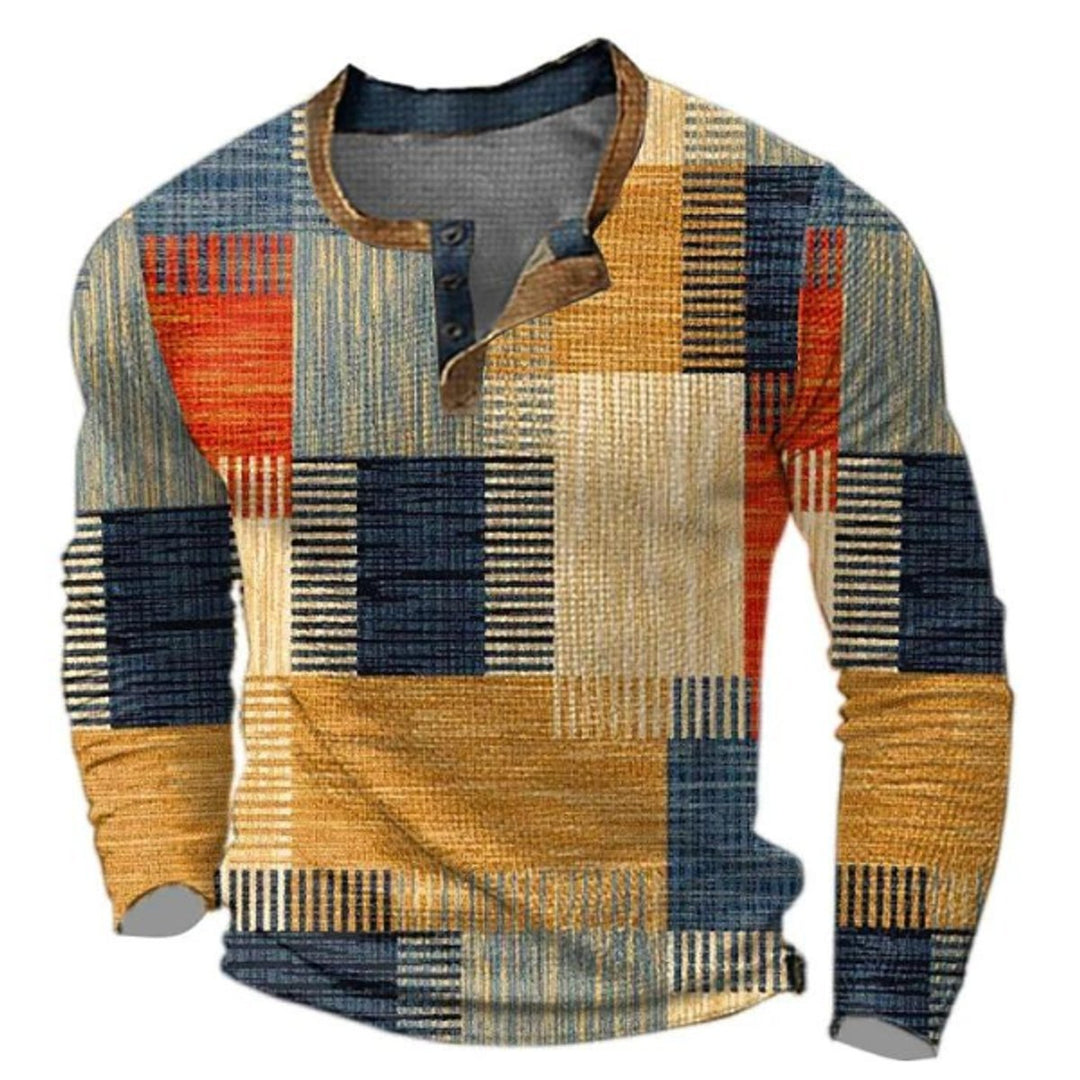 Oliver | Mens Jumper Retro Colourblock Henley Long Sleeve Knitted Pullover