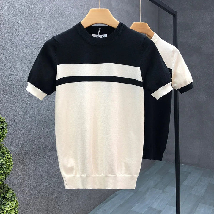 Theo | Men's Knitted Crew Neck Jumper Double Stripe Chest Panel