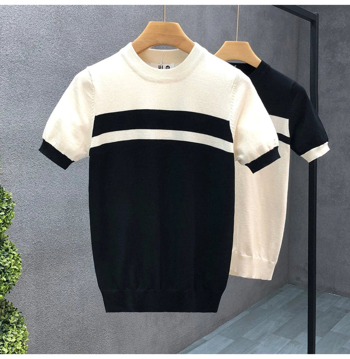 Theo | Men's Knitted Crew Neck Jumper Double Stripe Chest Panel