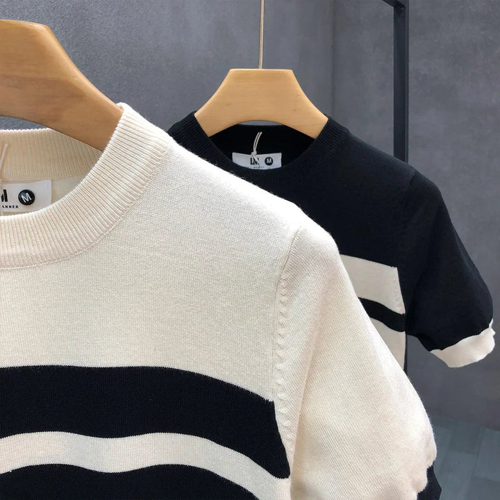 Theo | Men's Knitted Crew Neck Jumper Double Stripe Chest Panel
