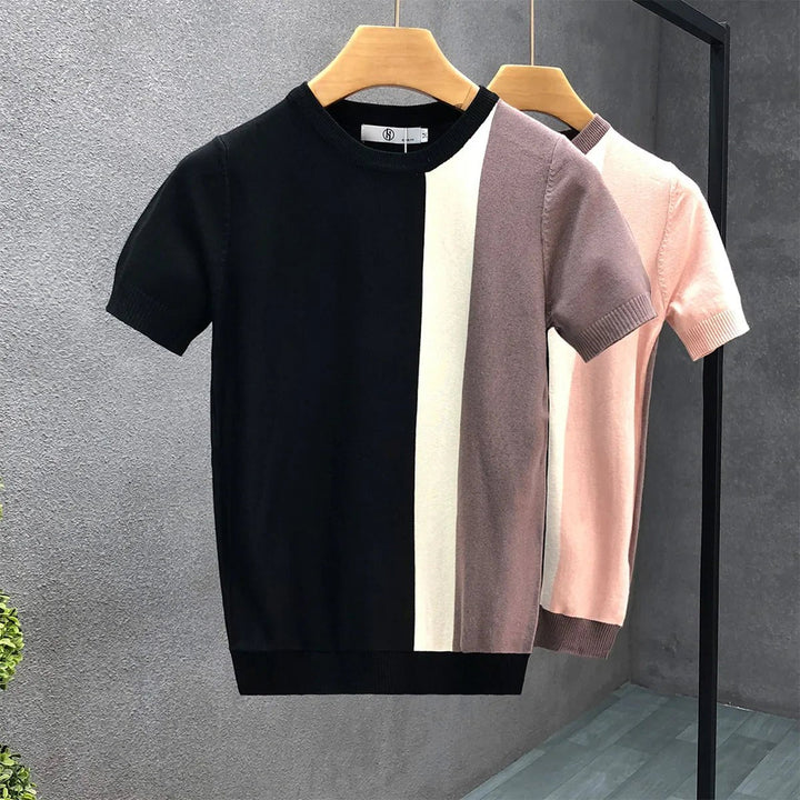 Leo | Men's Short Sleeve Knitted Jumper Triple Panel Colour Block