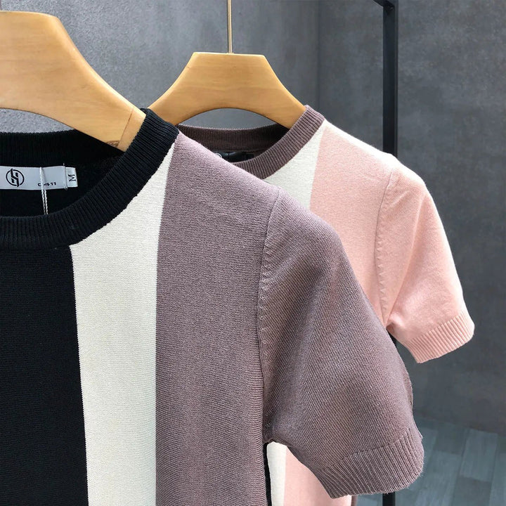 Leo | Men's Short Sleeve Knitted Jumper Triple Panel Colour Block