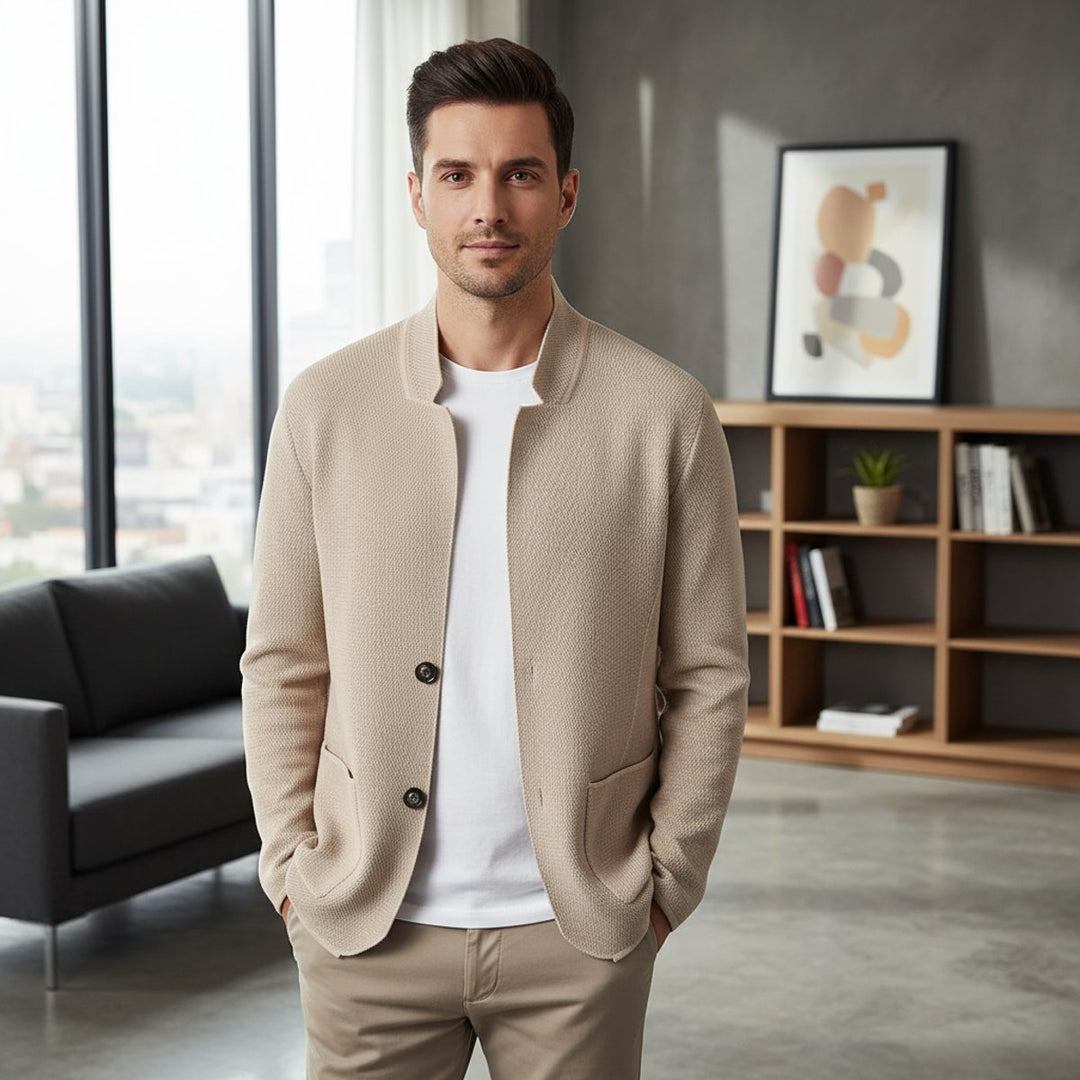 Jacob | Men's Knitted Wool Cardigan Collarless Button-Up Jumper