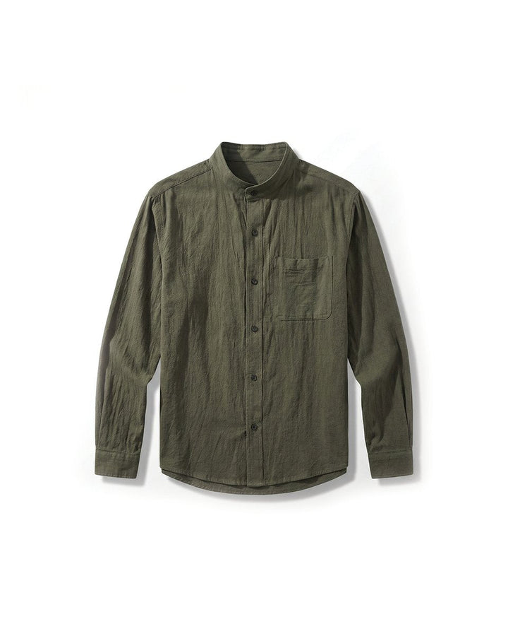Theo | Men's Long-Sleeve Band Collar Cotton Shirt Relaxed Fit Chest Pocket