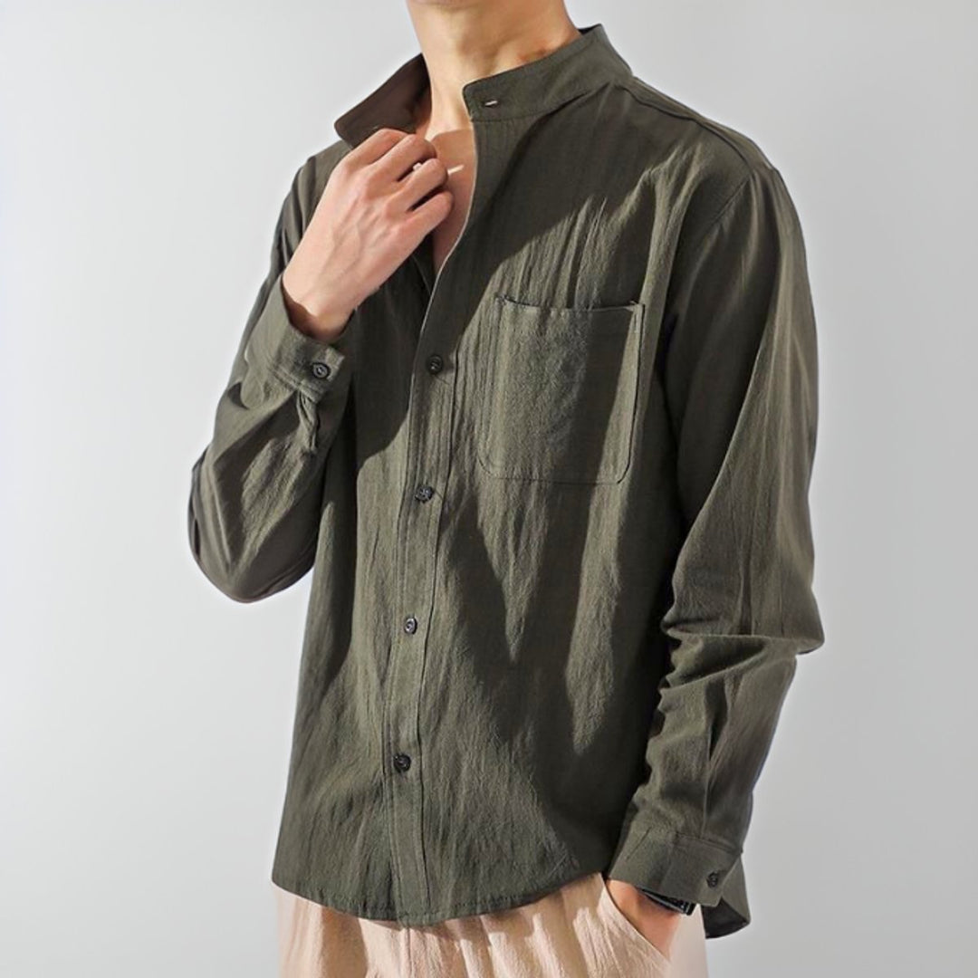 Theo | Men's Long-Sleeve Band Collar Cotton Shirt Relaxed Fit Chest Pocket
