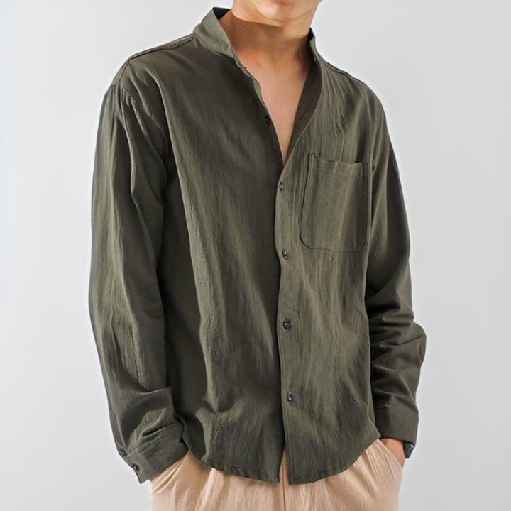 Theo | Men's Long-Sleeve Band Collar Cotton Shirt Relaxed Fit Chest Pocket