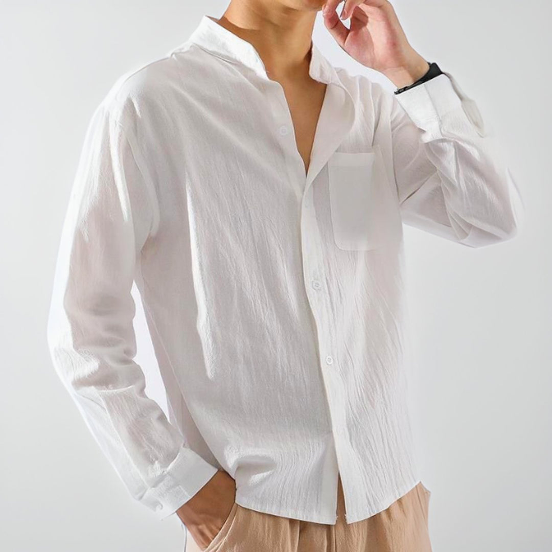 Theo | Men's Long-Sleeve Band Collar Cotton Shirt Relaxed Fit Chest Pocket
