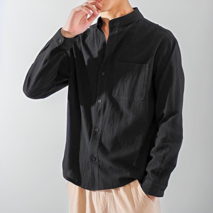 Theo | Men's Long-Sleeve Band Collar Cotton Shirt Relaxed Fit Chest Pocket