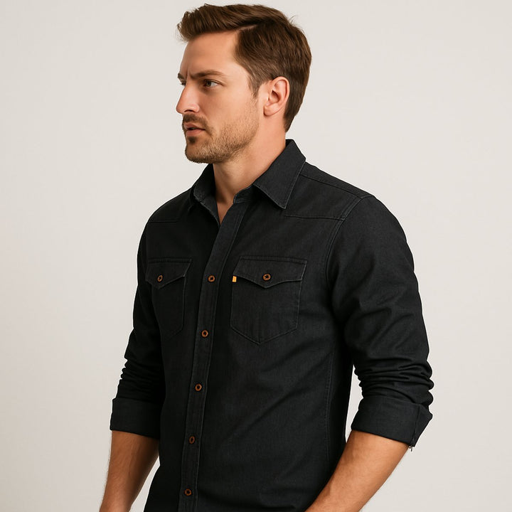 Oliver | Men's Slim-Fit Long Sleeve Cotton Denim Shirt Chest Pockets