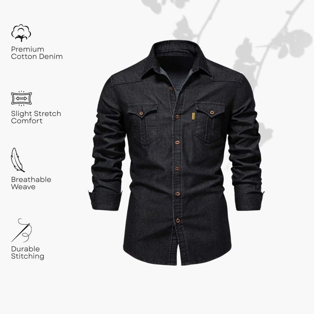 Oliver | Men's Slim-Fit Long Sleeve Cotton Denim Shirt Chest Pockets