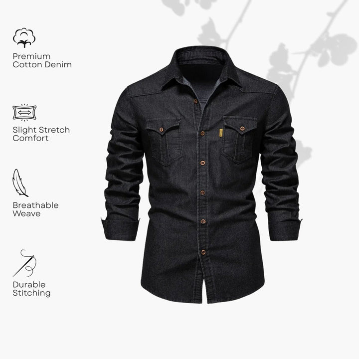 Oliver | Men's Slim-Fit Long Sleeve Cotton Denim Shirt Chest Pockets