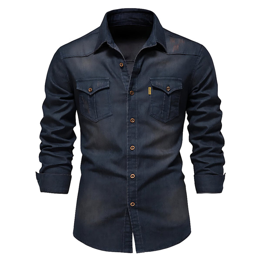 Oliver | Men's Slim-Fit Long Sleeve Cotton Denim Shirt Chest Pockets