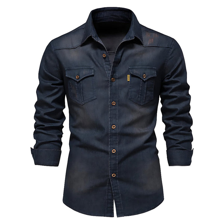 Oliver | Men's Slim-Fit Long Sleeve Cotton Denim Shirt Chest Pockets