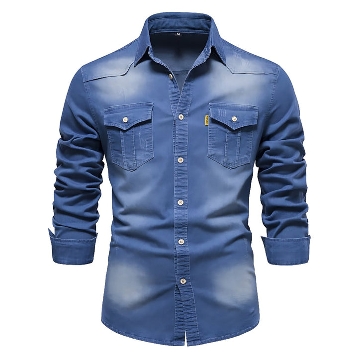 Oliver | Men's Slim-Fit Long Sleeve Cotton Denim Shirt Chest Pockets