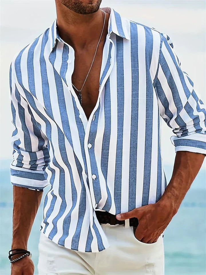 James | Men's Striped Open-Collar Shirt Relaxed Fit Long Sleeve