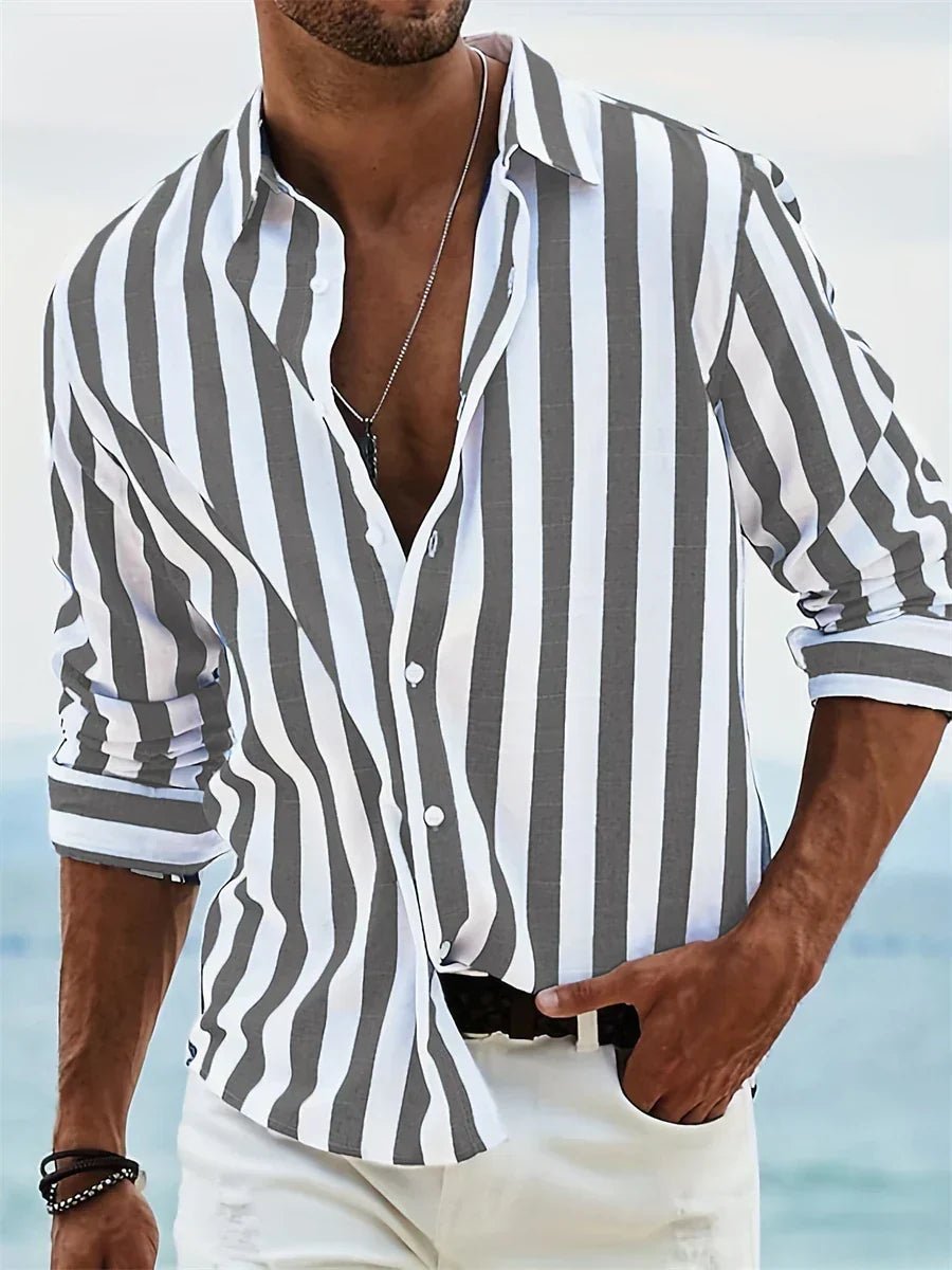 James | Men's Striped Open-Collar Shirt Relaxed Fit Long Sleeve