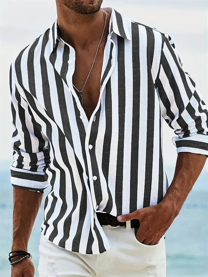 James | Men's Striped Open-Collar Shirt Relaxed Fit Long Sleeve