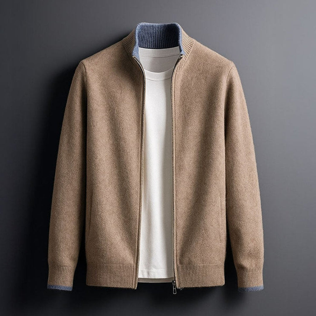 Alfie | Mens Merino Wool Full-Zip Knit Jacket Ribbed Collar Cardigan