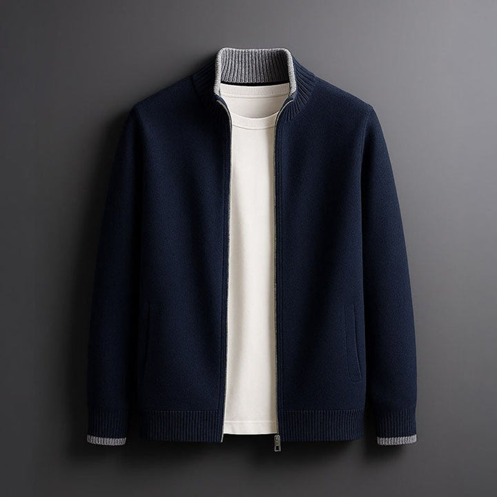 Alfie | Mens Merino Wool Full-Zip Knit Jacket Ribbed Collar Cardigan